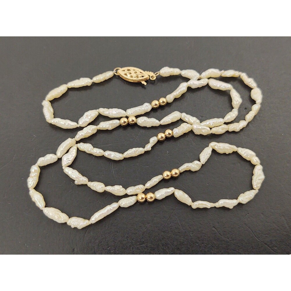 Vintage Freshwater Rice Pearl Necklace 17" w/ 14K Gold Bead Spacers & Clasp - Picture 6 of 12